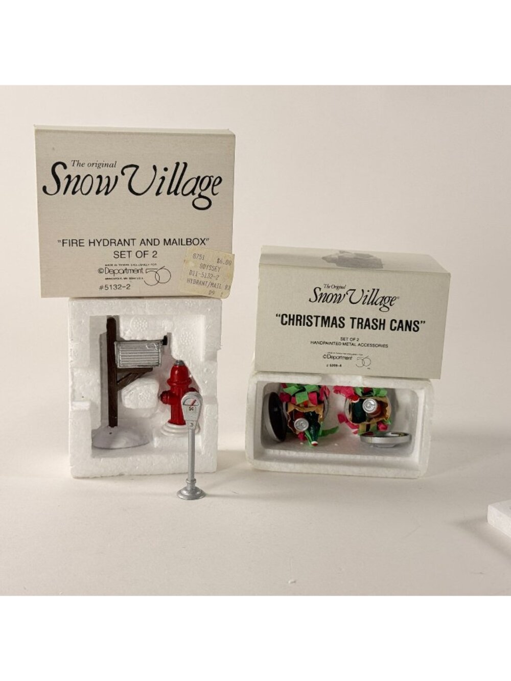 Vintage 90's Dept 56 Original Snow Village Fire Hydrant Mailbox & Trash Cans